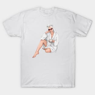 Beautiful woman with cup of tea in white spa robe T-Shirt